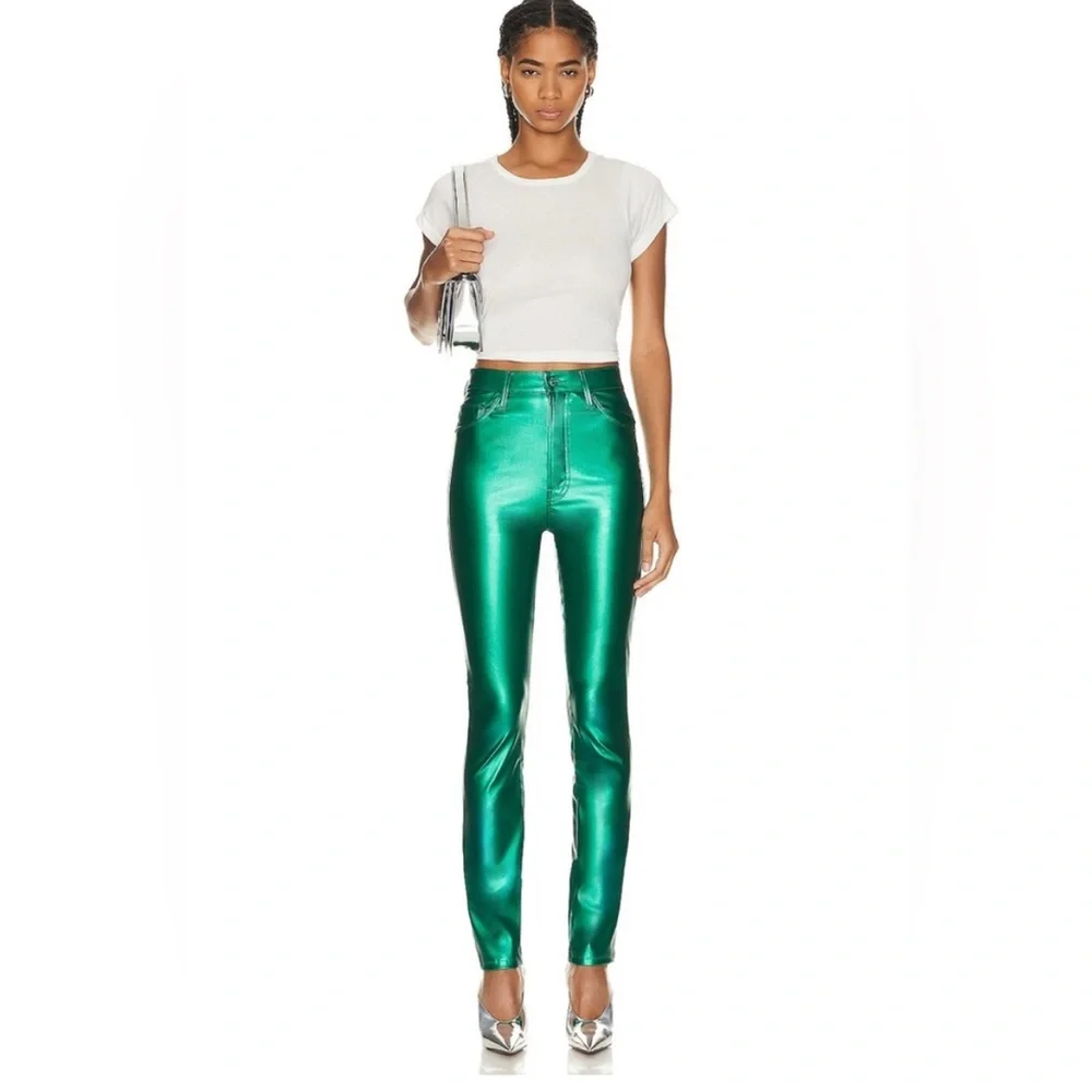 NWT MOTHER Rails Skimp High-waisted Shiny Green Faux Leather Pants - sz 30 -$228 - Picture 6 of 8